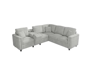 Canapé d’angle 5 places en chenille gris clair avec console de rangement et ports usb