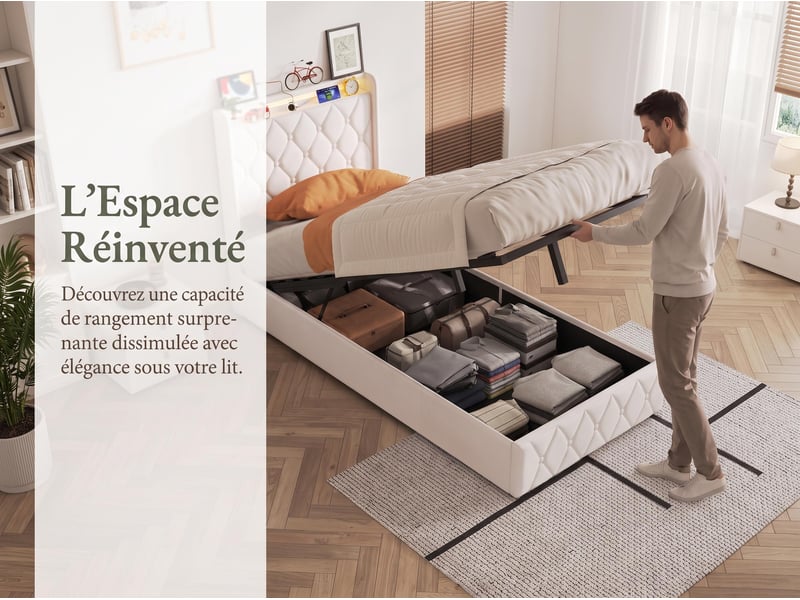  Lit adulte 90 x 200 cm – lit simple – lit coffre – éclairage led – ports usb et type‑c –  sommier à lattes – velours beige  - Conforama E