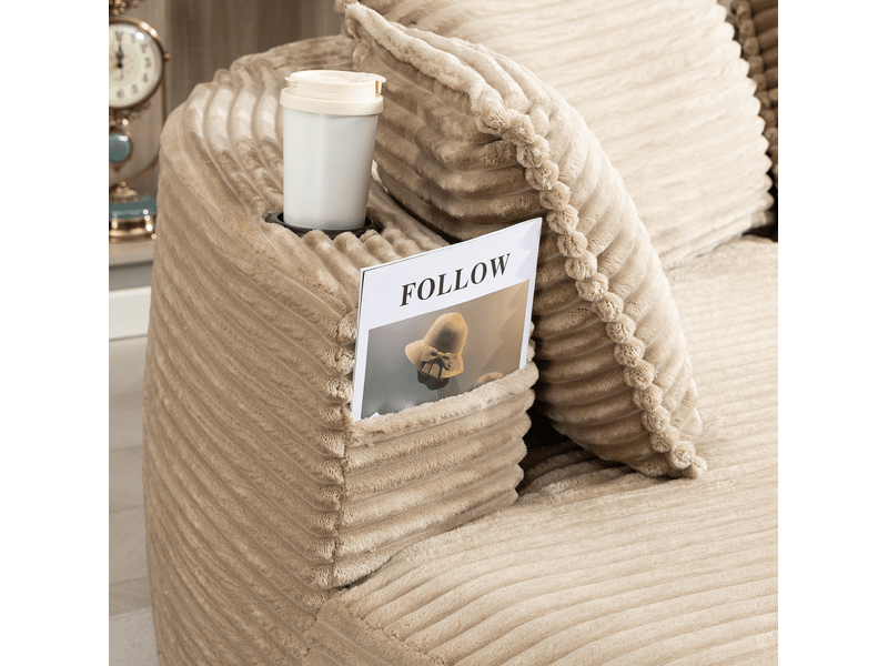 Canapé incurvé fixe 3 places en velours côtelé kaki avec porte-gobelets et poches latérales, 250 cm - Conforama D