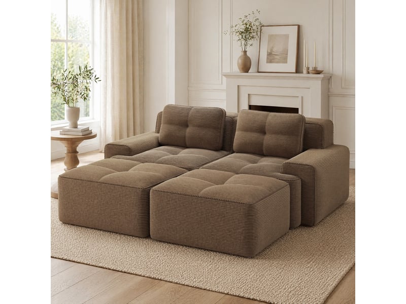  Canapé modulable 2 pl 204x177x69cm, canapé sous vide avec poufs, assise généreuse, pièce de salon, velours côtelé, marron  - Conforama B