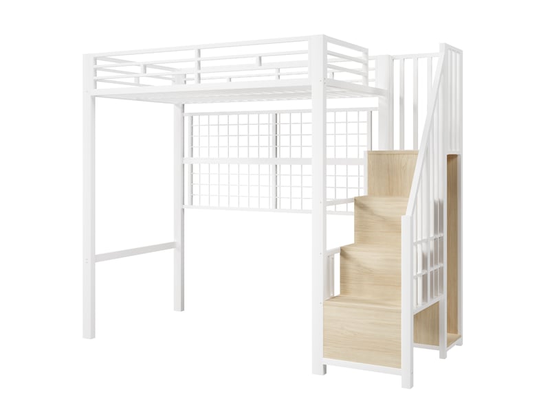 Lit mezzanine 90 × 200 cm, escalier de rangement, penderie ouverte, grille métallique arrière, led, métal et mdf, blanc  - Conforama A