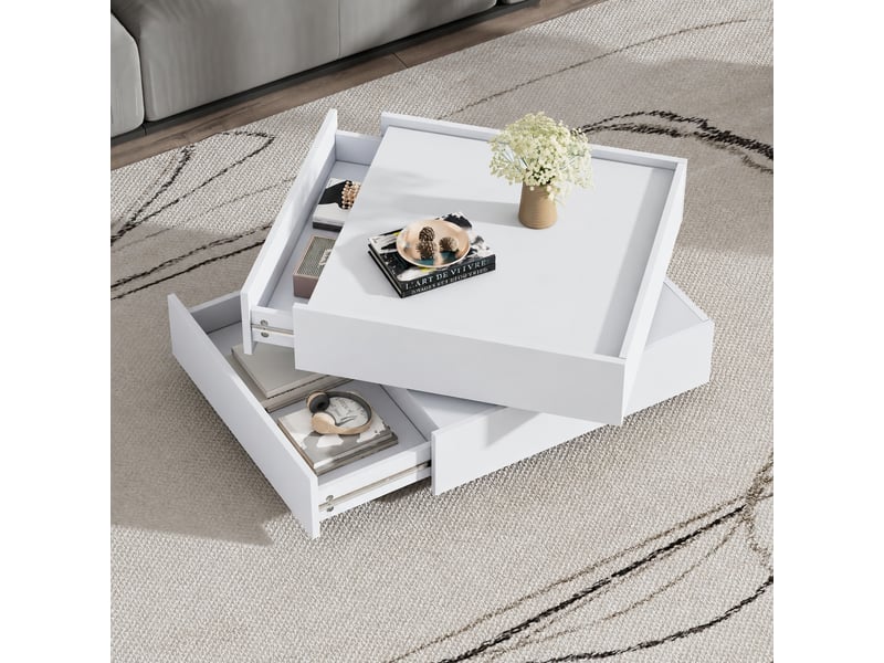  Table basse blanche pivotante à 360° avec deux tiroirs, carrée 60 x 60 x 38 cm  - Conforama B