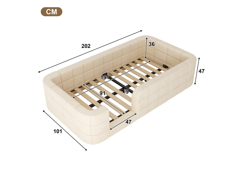  Lit enfant 90 × 190 cm avec barrière de protection rembourrée, entrée basse et sommier à lattes, en chenille beige  - Conforama C
