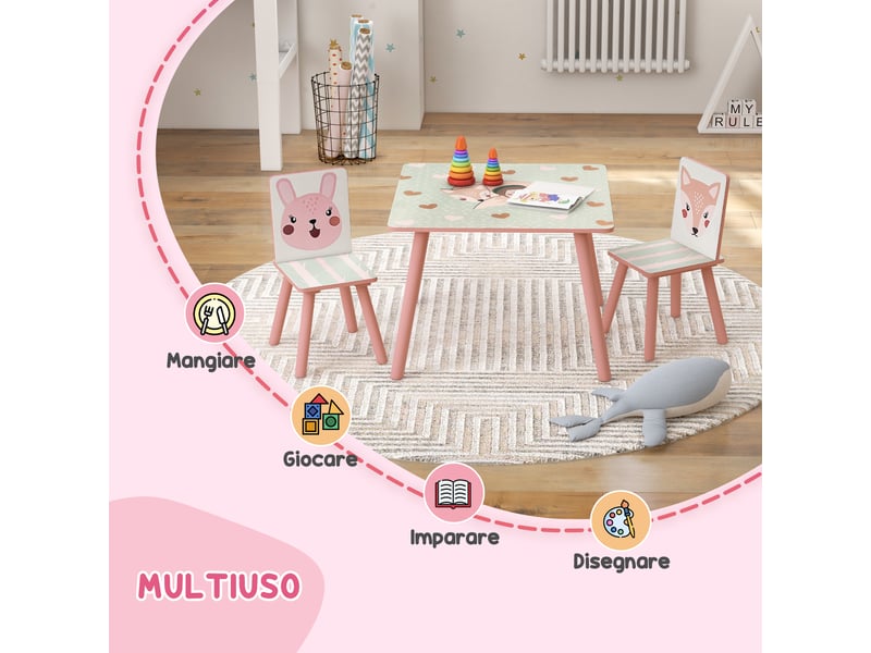  Ensemble table et chaises 3 pièces pour enfants de 3 à 8 ans, en mdf et pin, motifs animaux, rose  - Conforama E