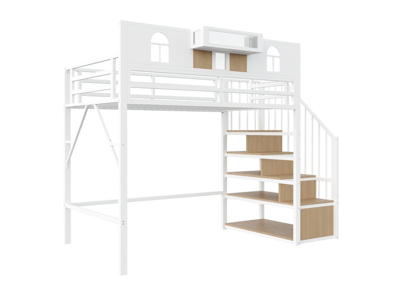  Lit mezzanine 90x200 cm avec rangement intégré - lit 1 place avec échelle de rangement et led - métal blanc  - Conforama W