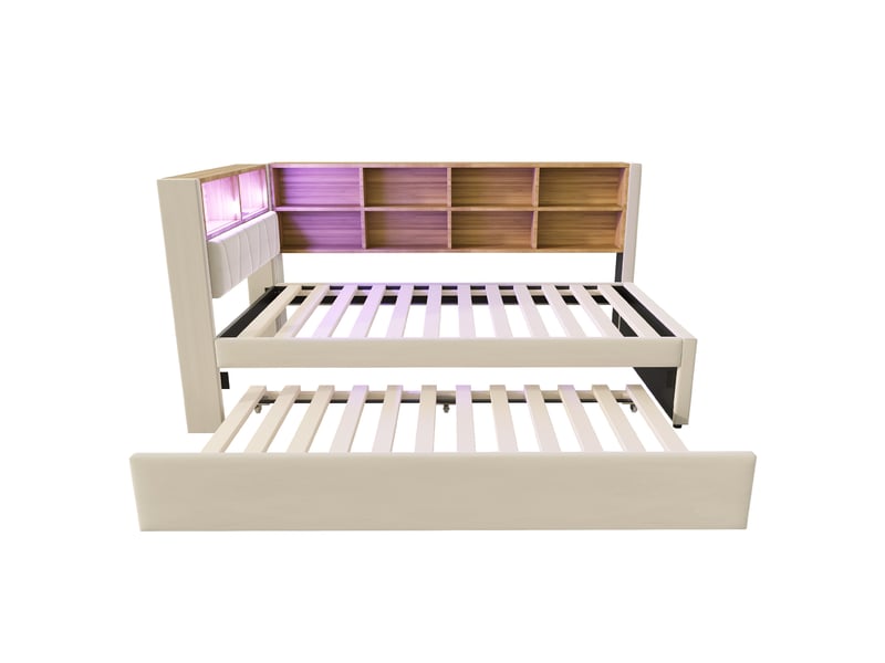  Lit enfant gigogne 90 x 200 cm + 90 x 190 cm led usb-c et prise secteur multiple flanelle beige sans matelas  - Conforama E