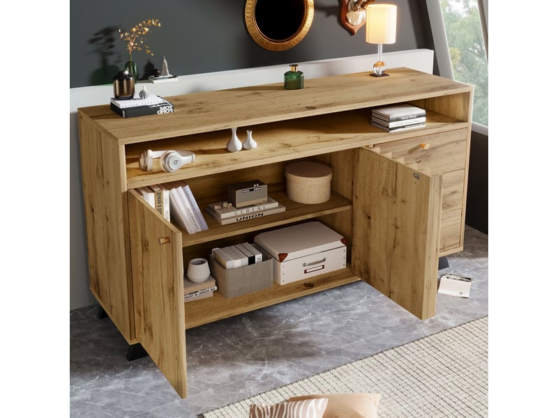  Buffet 2 portes et 3 tiroirs avec façade à lamelles et rangement, 120x40x85 cm, effet chêne foncé  - Conforama W