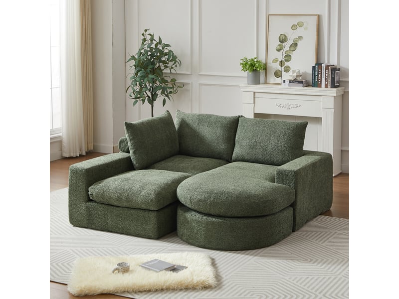 Canapé d’angle modulable 251x160x81 cm en chenille, méridienne réversible, mousse haute densité, 3 coussins, sans montage - vert - Conforama B