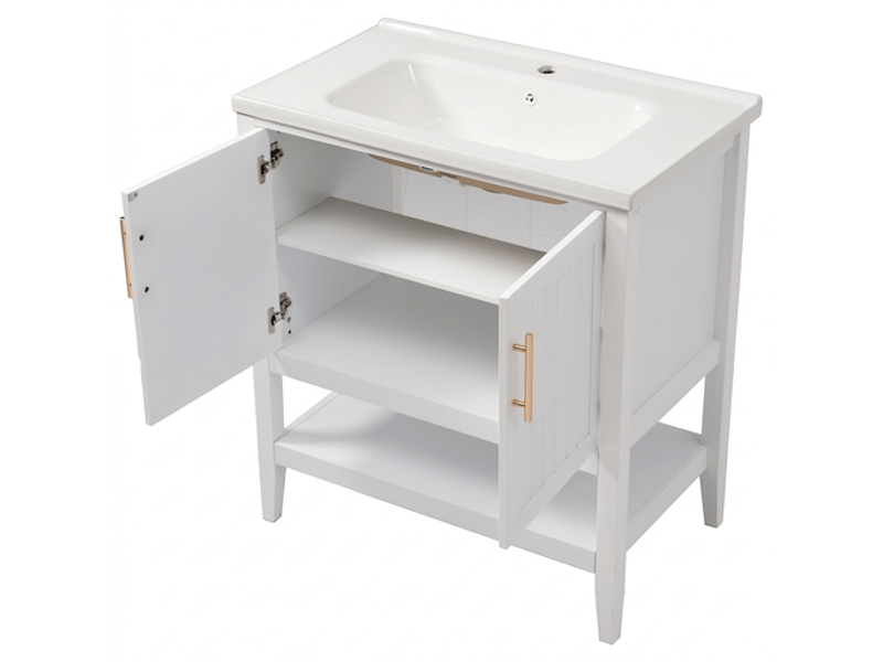  Meuble de salle de bain 80 cm sur pied avec vasque en céramique brillante blanc  - Conforama A