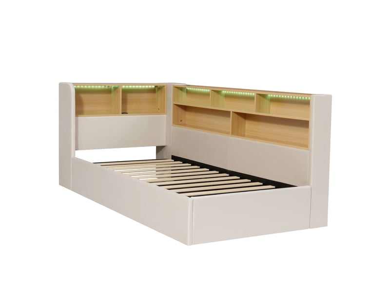  Lit coffre 90x200, coffre hydraulique lit une personne, revêtement velours, led, ports usb, rangements intégrés  - Conforama A