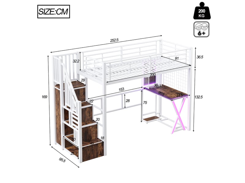  Lit mezzanine enfant 90×200 cm led, bureau, armoire et étagères  - sans matelas, métal et mdf - blanc  - Conforama D