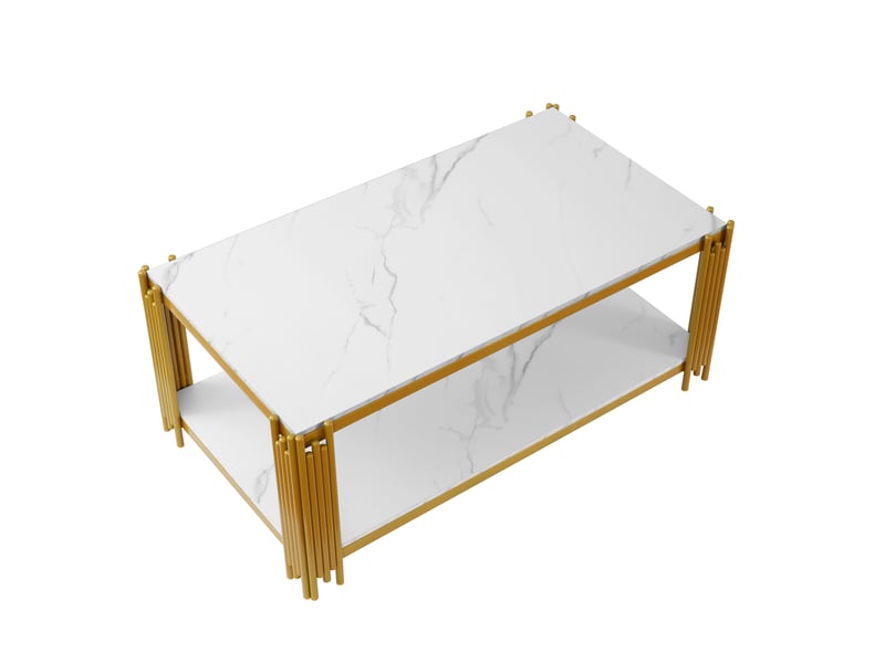  Table basse rectangulaire avec 2 niches, plateau effet marbre et pieds en métal pour salon, en mdf et métal, blanc or - uvrion  - Conforama A