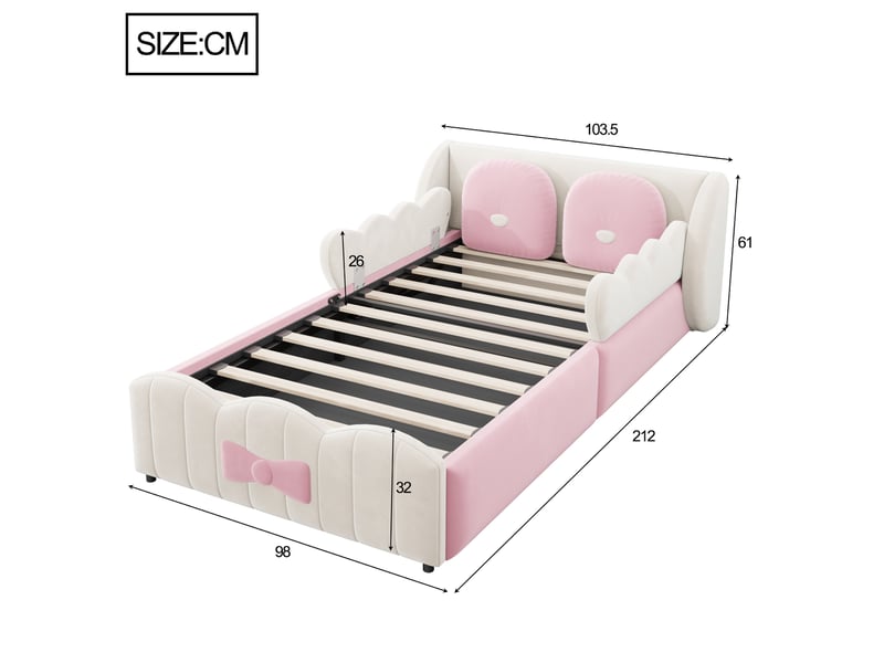  Lit coffre enfant 90x200 cm avec rangement hydraulique et 2 coussins décoratifs, beige et rose, sans matelas, velours  - Conforama C