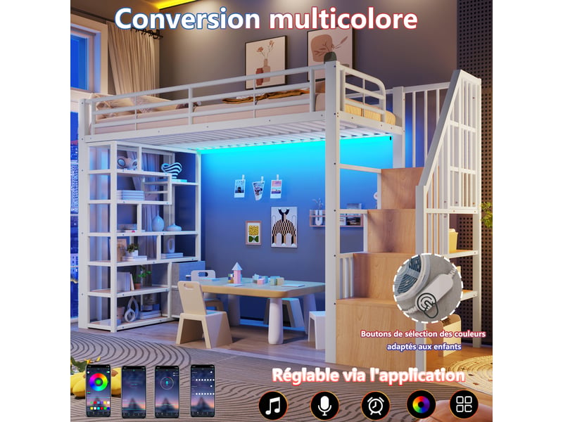 Lit mezzanine enfant 90x200cm avec tiroirs en tissu et espace sous le lit, led, étagère, marches intégrées et barrière, métal blanc evarich - Conforama D