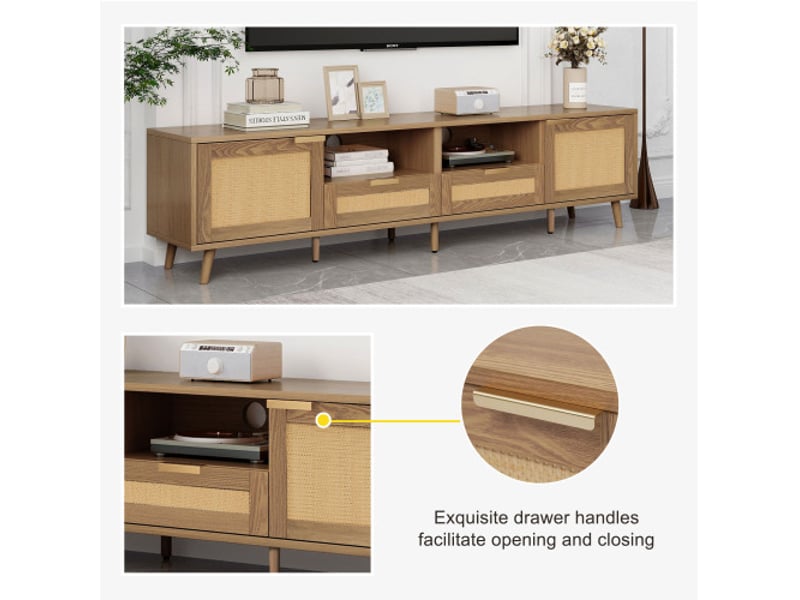  Rovryn meuble tv 200 x 37 x 49 cm décor chêne avec façades en rotin synthétique, 2 portes, 2 tiroirs et pieds en bois massif  - Conforama E