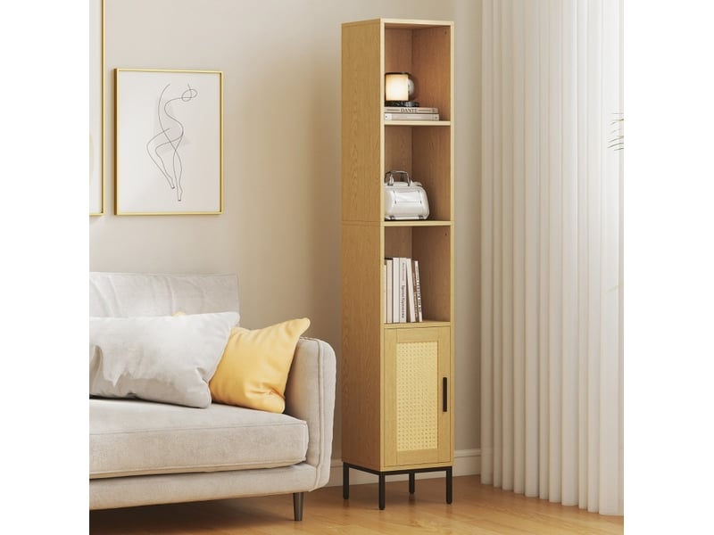  Meuble de salle de bain haut 30 x 30 cm en bois clair, 3 niches et porte effet résine tressée, style boho  - Conforama D