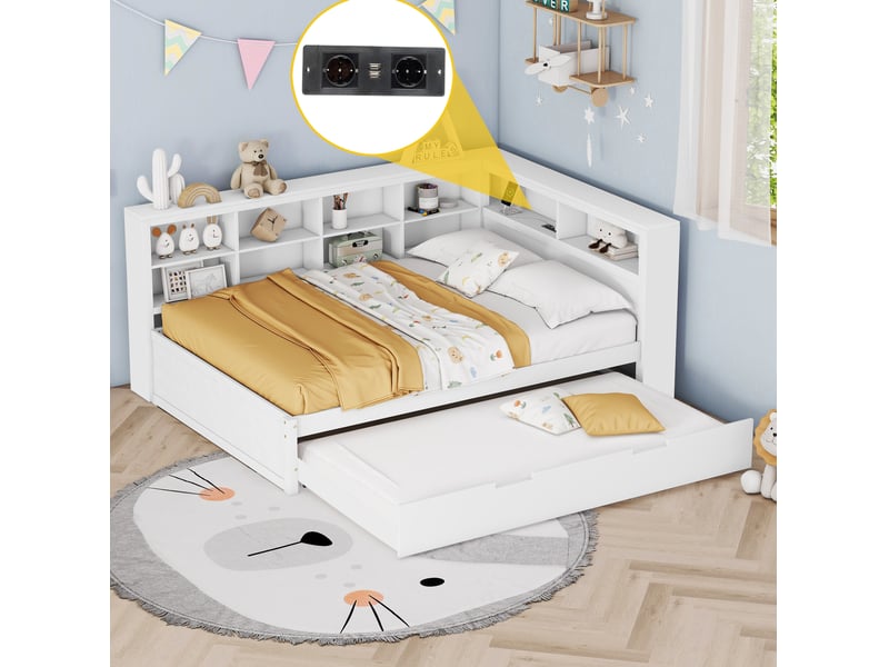  Lit 2 places 140x200 cm avec lit gigogne 90x190 cm, usb, coloris blanc  - Conforama E