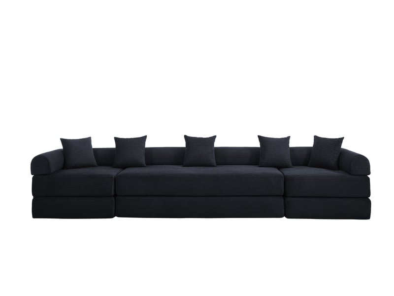  Canapé modulable 3 places avec rangement intégré et coussins séparés, revêtement en velours côtelé noir, dimensions 270x180 cm  - Conforama A