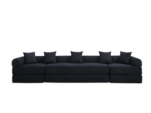 Canapé modulable 3 places avec rangement intégré et coussins séparés, revêtement en velours côtelé noir, dimensions 270x180 cm