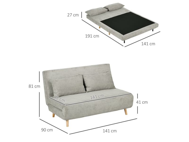  Canapé-lit 141x90x81 cm 2 places, 4 pieds robustes en bois, finition polyester gris, avec 2 coussins  - Conforama C