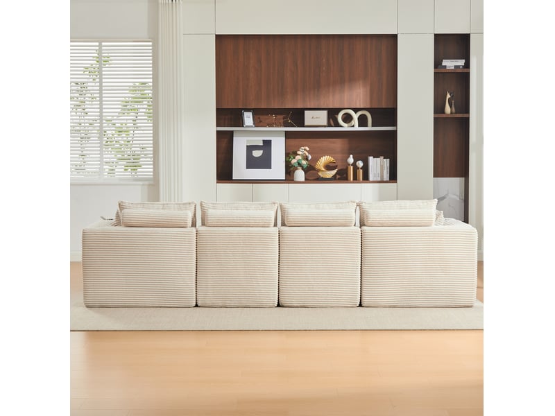  Canapé modulable 4 places en velours côtelé beige avec 2 poufs  - Conforama D
