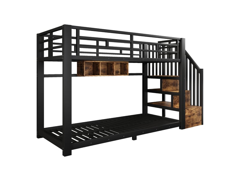  Lit superposé enfant 90x200cm en métal avec led et escalier rangement,lit mezzanine avec barrières,garde-corps,marches,sans matelas,noir  - Conforama A