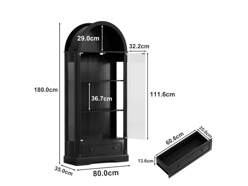  Vitrine en verre trempé sans poignée avec led tricolore en mdf et verre noir 80 × 35 × 180 cm  - Conforama D