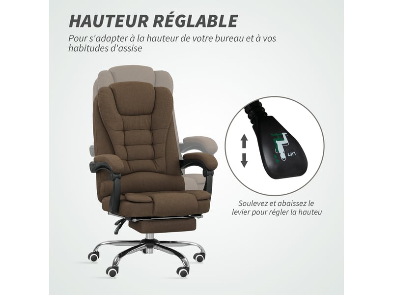  Fauteuil de bureau avec hauteur réglable, dossier inclinable, repose-pied et accoudoirs rembourrés, marron  - Conforama E