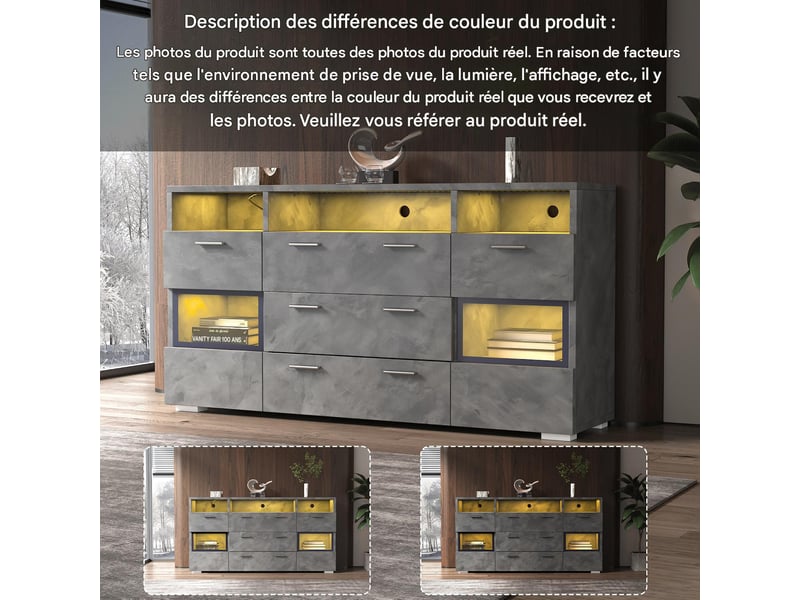  Buffet de rangement avec led panneau de particules gris 140x33.5x72.5 cm - pangivo  - Conforama E