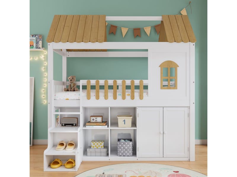  Lit superposé enfant 90 x 200 cm, lit superposé, rahmen aus kiefer, mit schuhschrank, sichere treppenstufen, minimalistisches design  - Conforama B