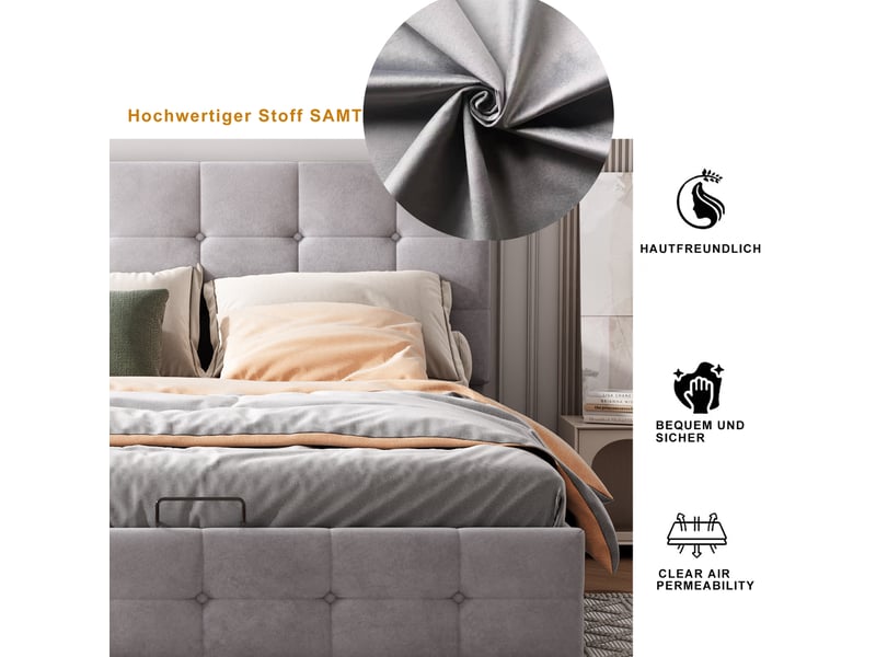  Lit coffre 140x200 cm velours gris, tête réglable et rangement | conforama  - Conforama E