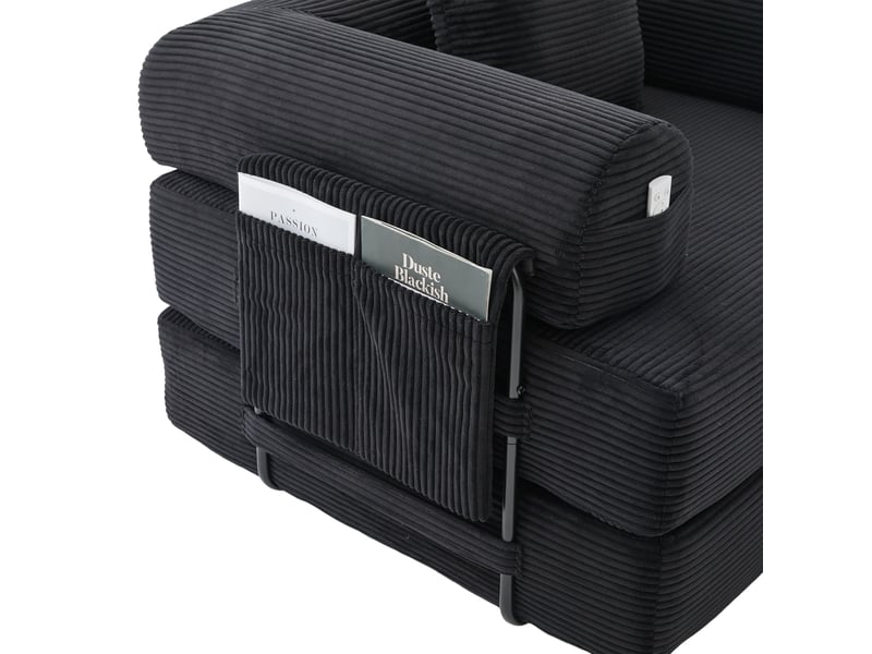  Canapé d'angle convertible 4 places en velours côtelé noir avec hocker, 4 coussins et poche latérale  - Conforama W