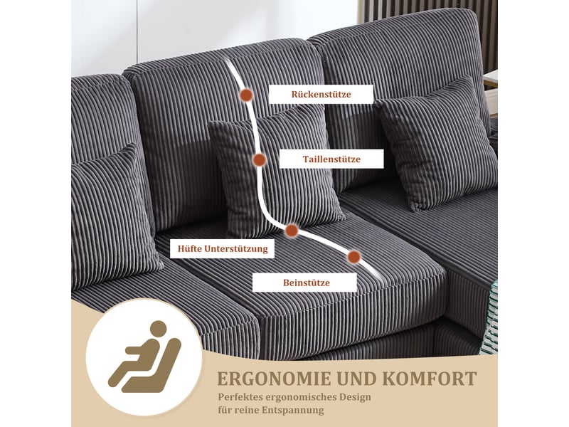  Canapé 4 places d’angle panoramique en velours gris, largeur 265 cm, assise profonde W2845S00150 - Conforama C