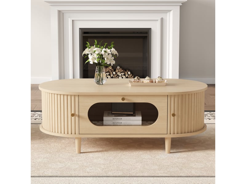  Table basse de salon en bois mdf avec tiroir et porte coulissante, 100x50x36 cm  - Conforama R