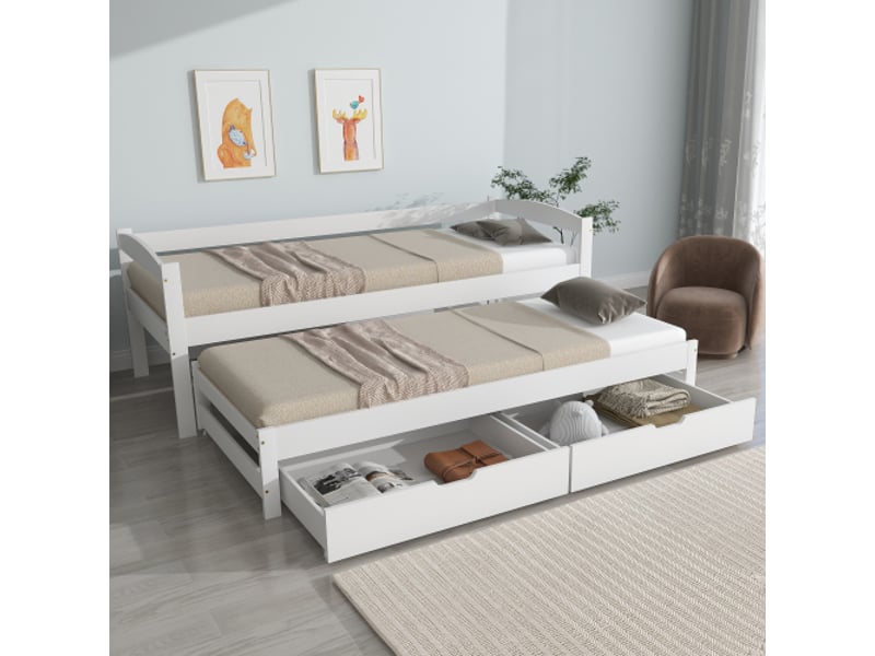 Lit gigogne 90x200 cm blanc avec lit d’appoint 90x190 cm et 2 tiroirs  - Conforama W