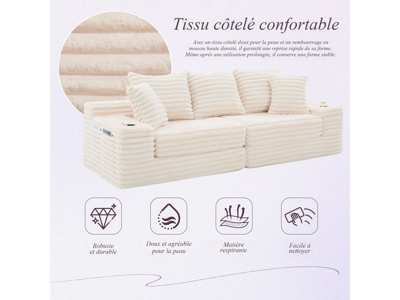  Canapé droit convertible en velours côtelé beige, 3 places, dossier haut, poches et porte-gobelets, salon 273x98x87cm - Conforama E