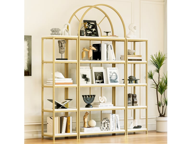  Bibliothèque modulaire 163x30x184 cm, anti-basculement, meuble salon, cuisine et bureau, mdf et métal, doré et blanc  - Conforama D