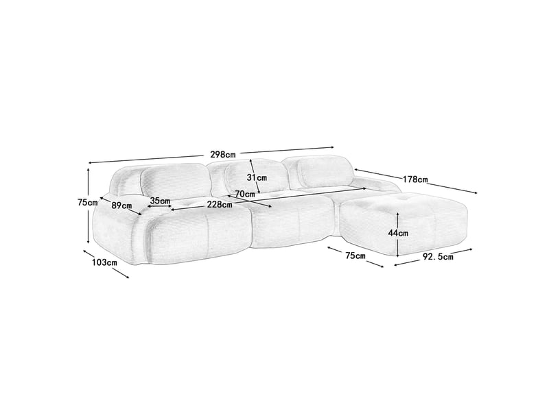  Canapé d'angle modulable 3 places 298cm en velours côtelé noir,confort hautement élastique,accoudoirs galbés,base anti-dérapant 298x178x75cm - Conforama E