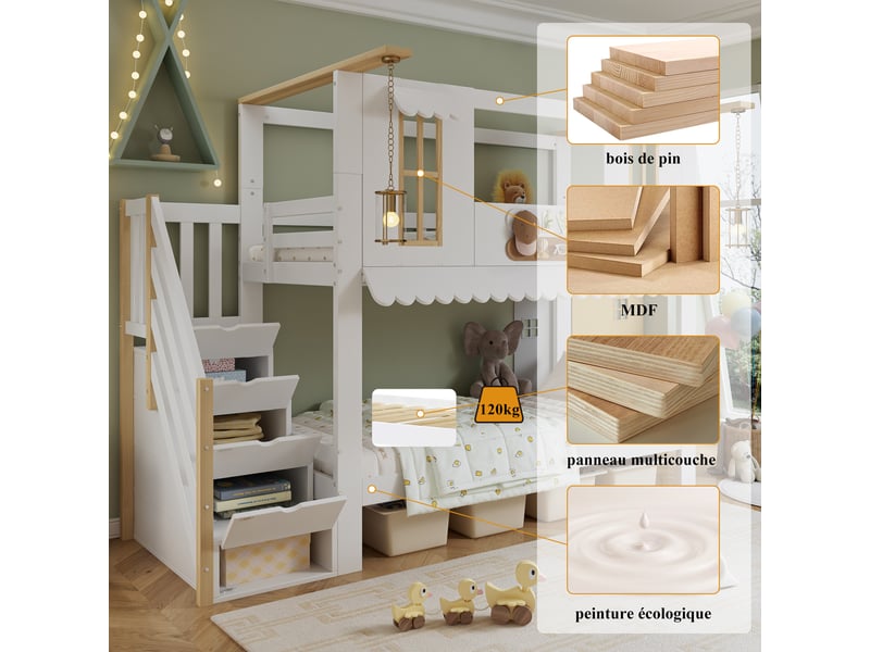 Lit superposé cabane enfant 90x200 cm, escalier avec rangement, fenêtres décoratives, toit ondulé, pin et mdf, blanc et bois naturel OMNIGLINT TRADING LTD - Conforama D