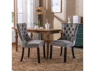 Lot de 2 chaises médaillon en velours gris assise capitonnée pieds bois
