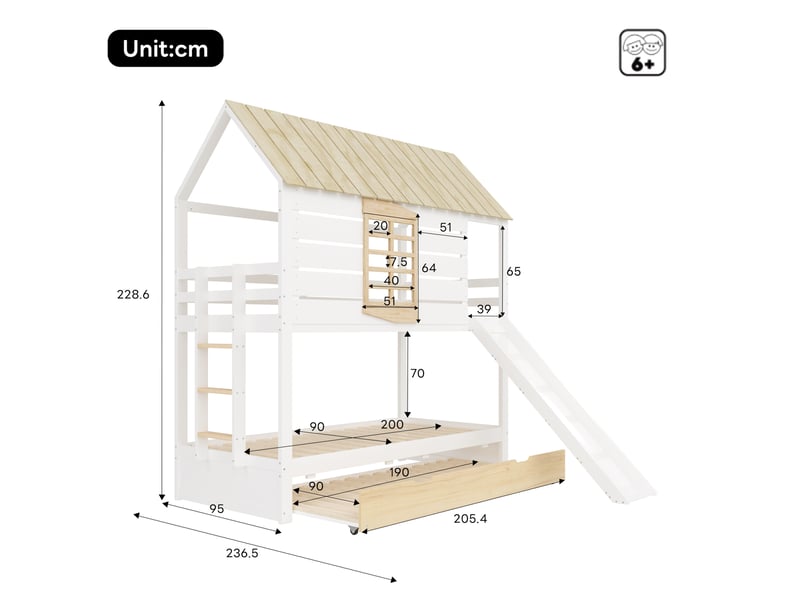  Lit superposé enfant 90x200, bois, en mdf, toboggan et lit gigogne en forme de maison, naturel et coloris blanc, sans matelas  - Conforama C