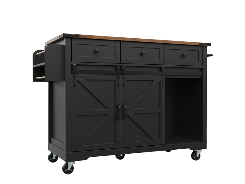  Îlot de cuisine noir avec plateau extensible, chariot sur roulettes avec 2 portes coulissantes et 3 tiroirs, meuble de rangement, 140cm.  - Conforama R