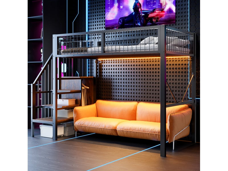  Lit mezzanine 90x200 cm avec échelle de rangement, éclairage led et barrière de sécurité, métal, noir, sans matelas  - Conforama D