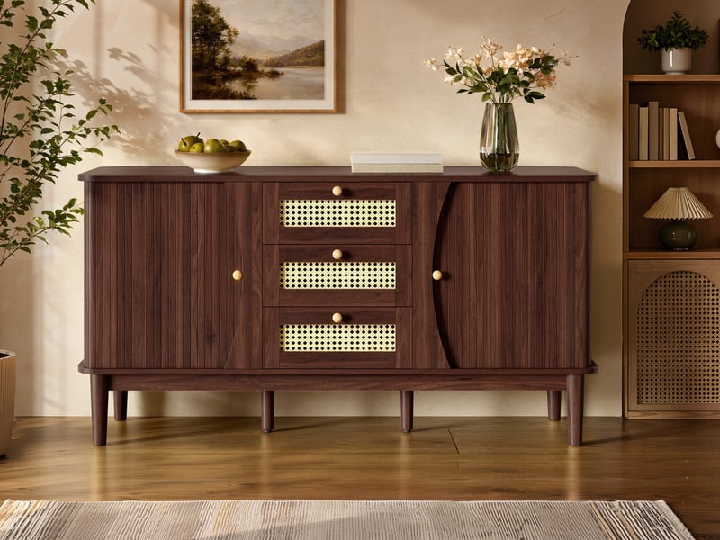  Commode 3 tiroirs et 2 portes coulissantes, 141 x 40 x 77 cm, cannage élégant, étagères ajustables et dessus arrondi, couleur noyer  - Conforama B