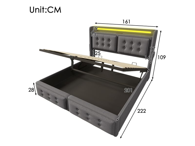 Lit adulte 160x200 gris en tissu coton-lin, tête led avec usb-c, coffre relevable et charge 300 kg - Conforama C