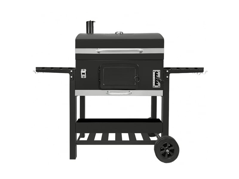  Barbecue fumoir xxl au charbon sur chariot, cuisine extérieure jardin, acier inoxydable noir, 4 aérations, bac réglable, thermomètre, étagères, 217359 - Conforama A
