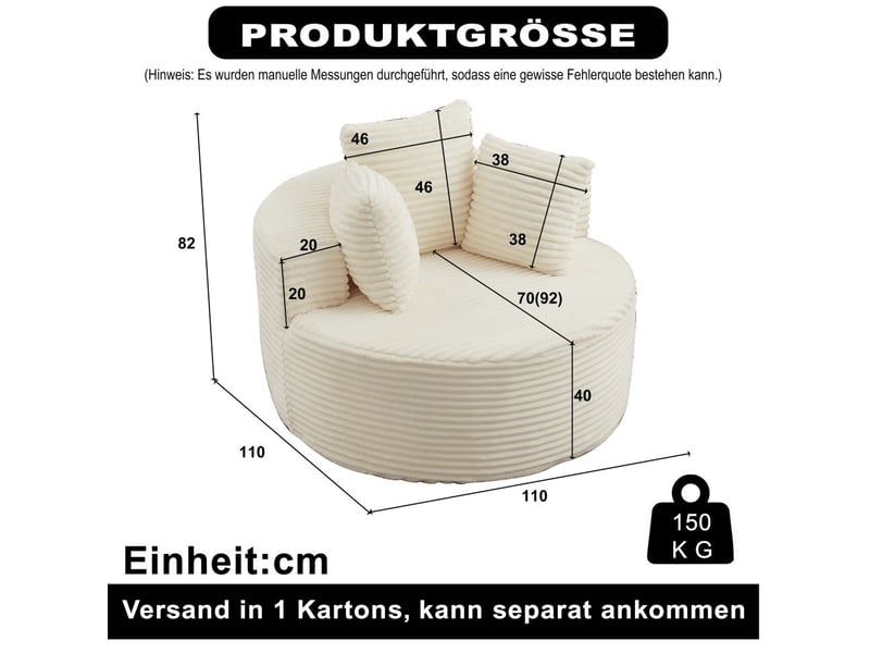  Fauteuil simple rond 110x110x82cm - canapé cabriolet lounge individuel sans montage en velours côtelé 3 coussins - beige  - Conforama E