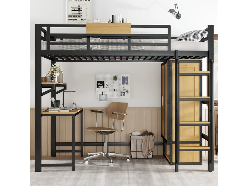 Lit mezzanine enfant avec bureau, armoire et rangements noir et naturel 90 x 200 cm - Conforama D