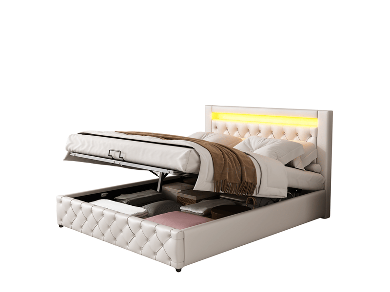  Lit rembourré 140x190 avec coffre de rangement hydraulique, lit double led blanc en pu, sommier à lattes inclus, charge 220kg  - Conforama R