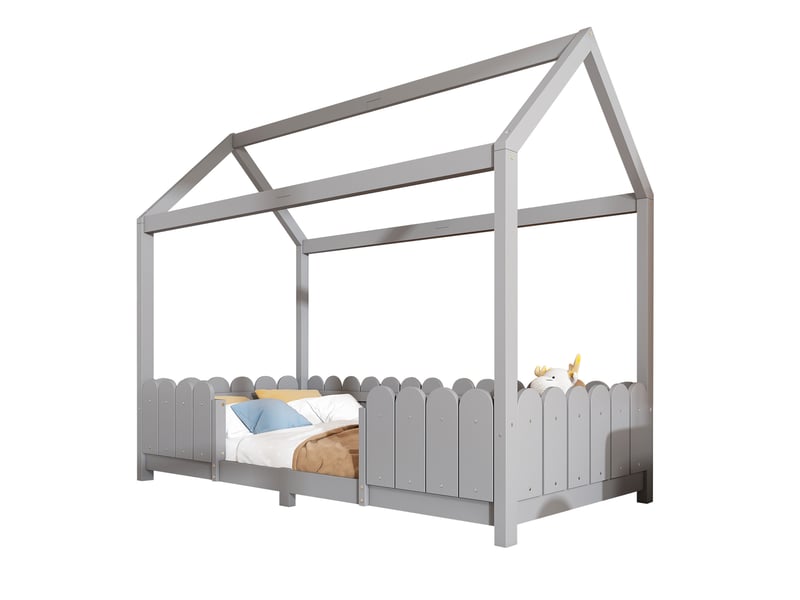  Modenvie lit cabane enfant 90x200 cm - avec barrière de sécurité, sommier inclus - gris  - Conforama A